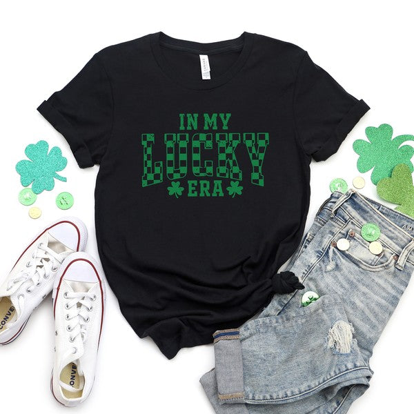 In My Lucky Era Checkered Short Sleeve Tee Olive and Ivory Wholesale