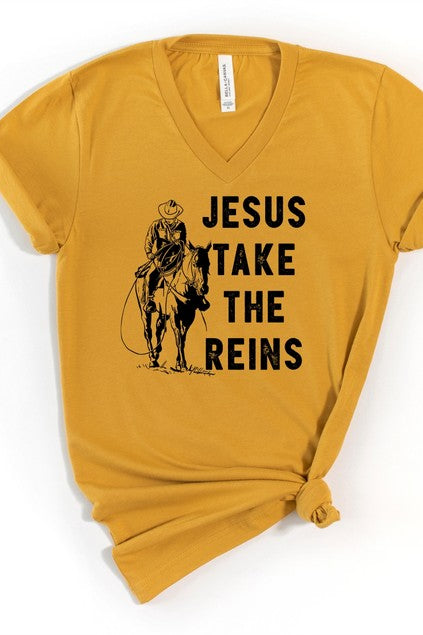 V-Neck Jesus Take the Reins Boutique Tee Ocean and 7th