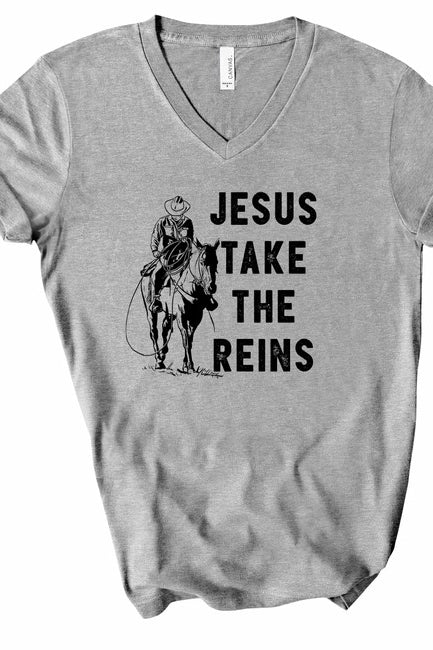 V-Neck Jesus Take the Reins Boutique Tee Ocean and 7th