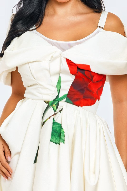 Asymmetric Off-Shoulder Floral Applique Dress Athina
