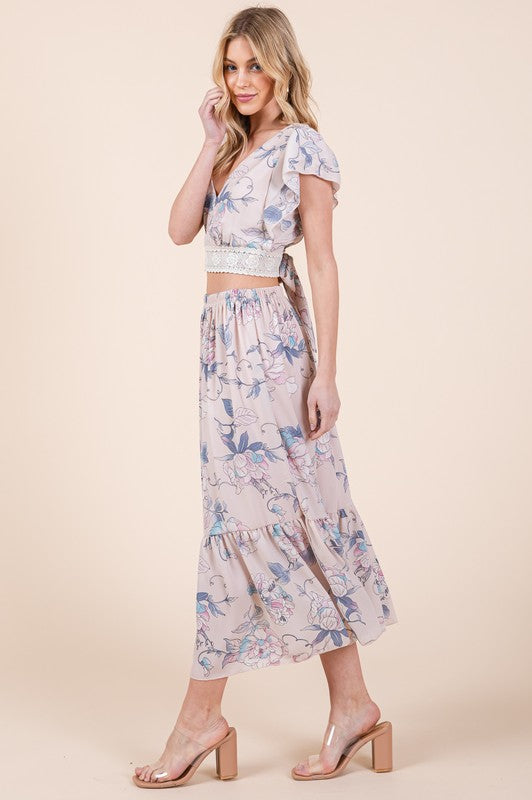 Floral Print Skirt Set with Tie Back Blouse Orange Farm Clothing