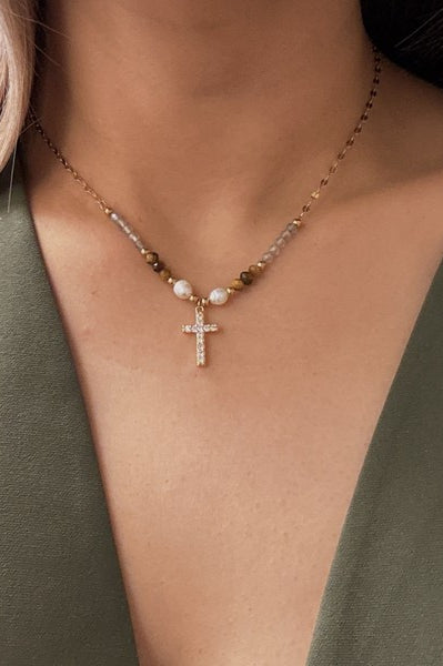 Cross Pendant Stone Bead Necklace Ellison and Young