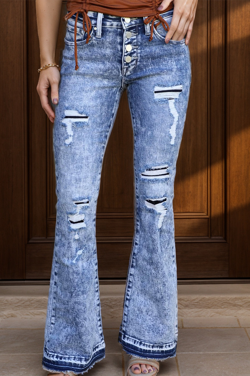 Distressed Button-Fly Bootcut Jeans with Pockets Trendsi