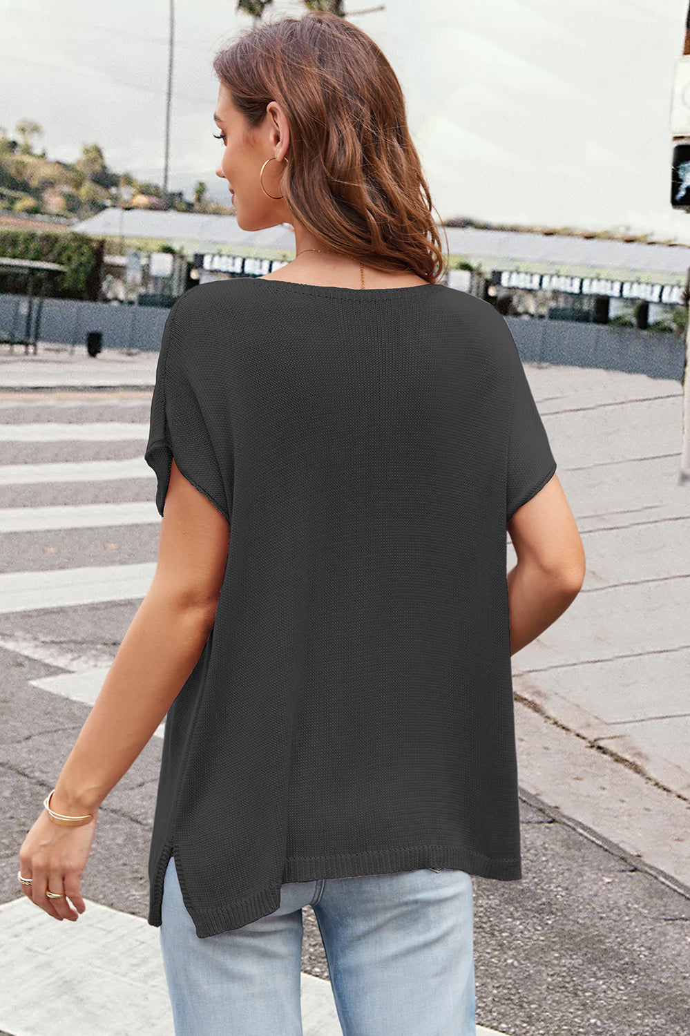 Notched Short Sleeve Knit Top Trendsi