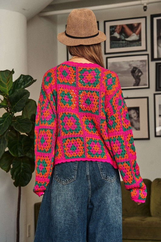 Crochet Patchwork Round Neck Pullover Sweater Top Davi & Dani