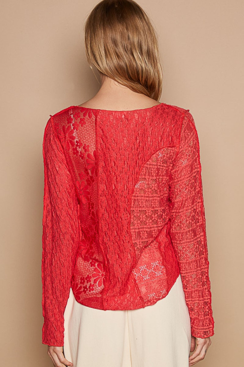 POL Exposed Seam Long Sleeve Lace Knit Top Trendsi
