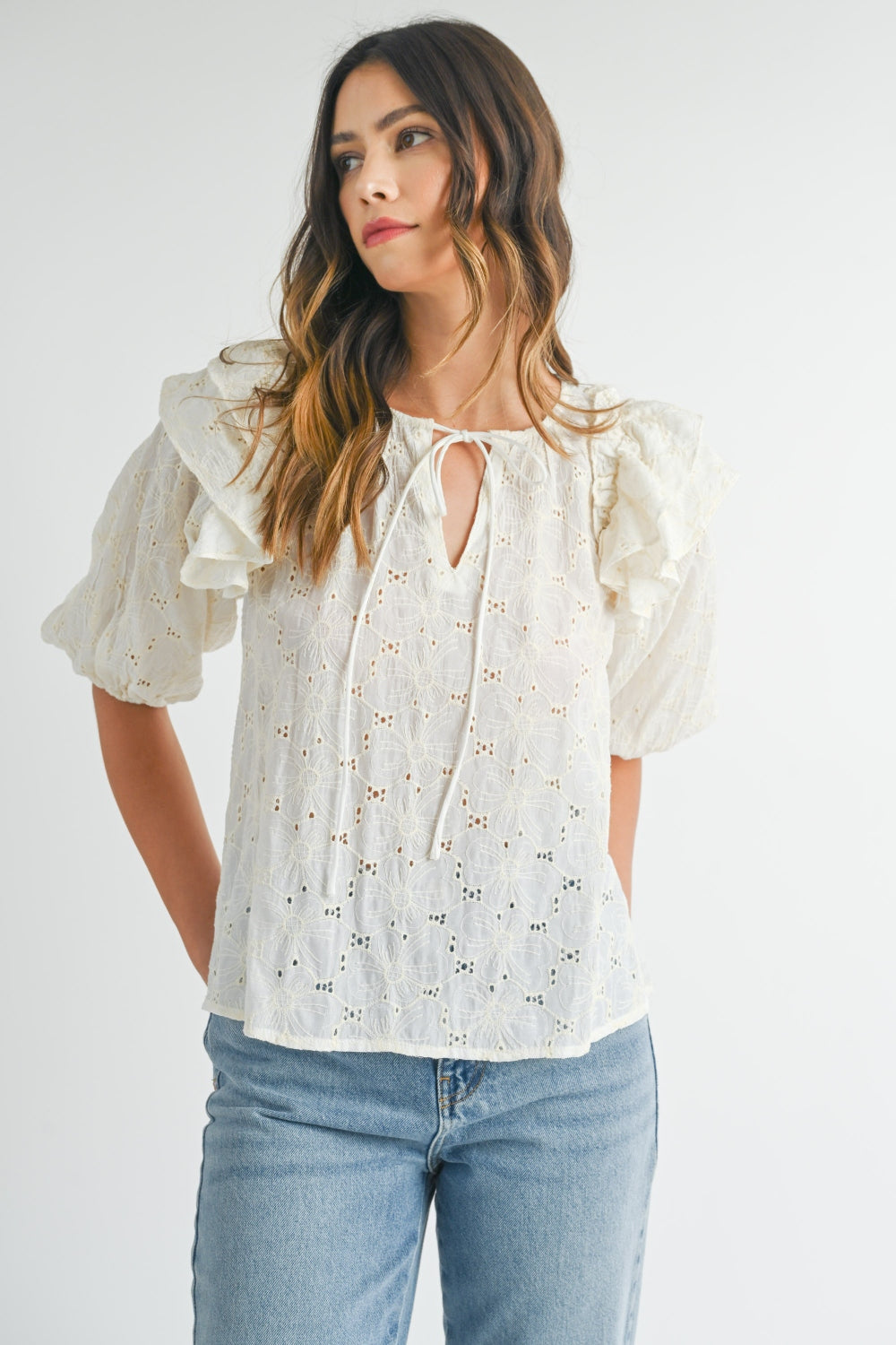 MABLE Eyelet Lace Ruffle Shoulder Puff Sleeve Blouse Trendsi