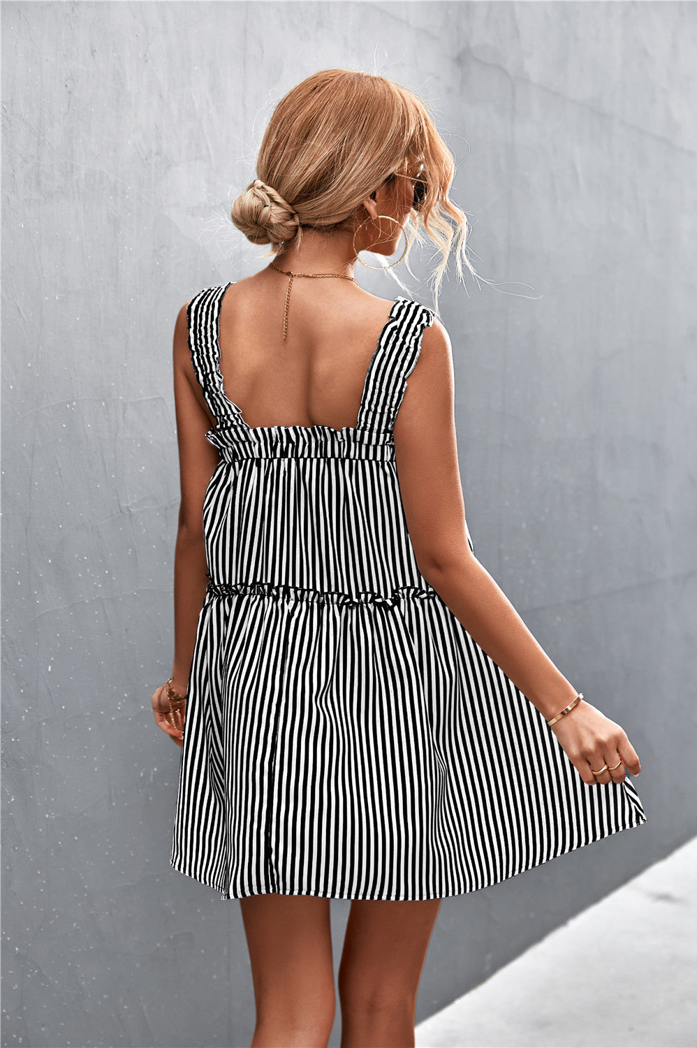 Striped Frill Trim Square Neck Dress Trendsi
