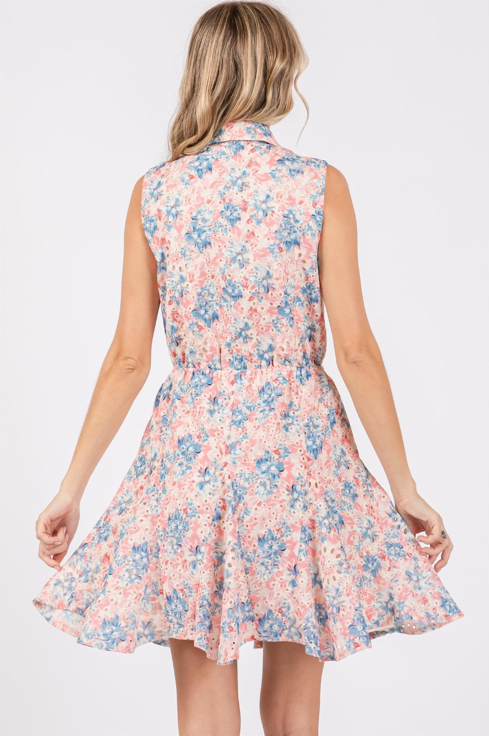 GeeGee Full Size Floral Eyelet Sleeveless Mini Dress Trendsi