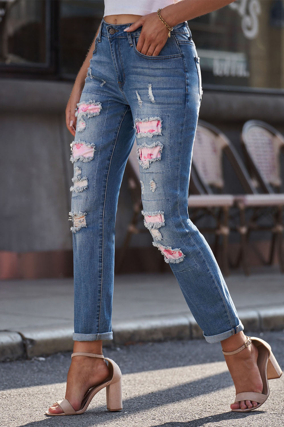 Baeful Printed Patch Distressed Boyfriend Jeans Trendsi