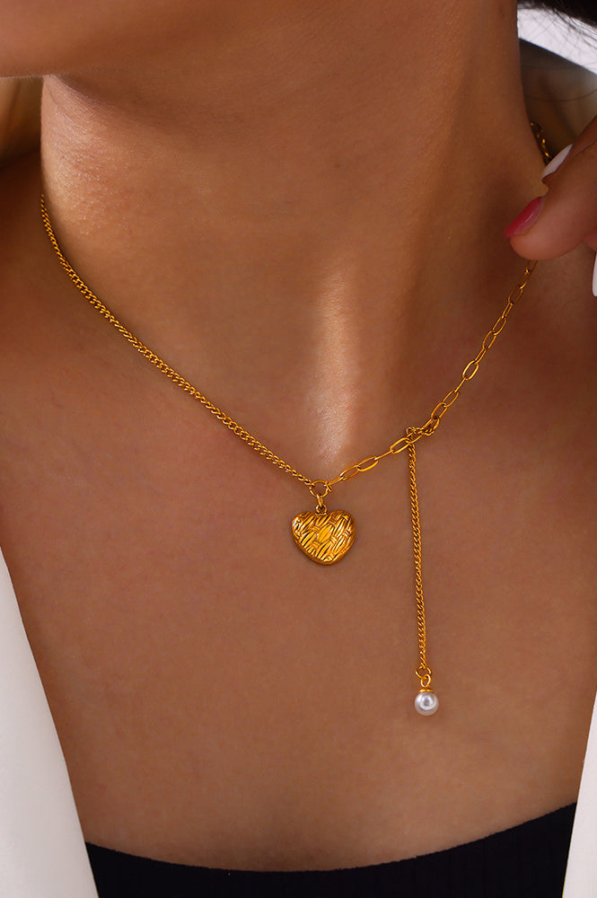 Titanium Steel Imitation Pearl Heart Pendant Necklace Trendsi