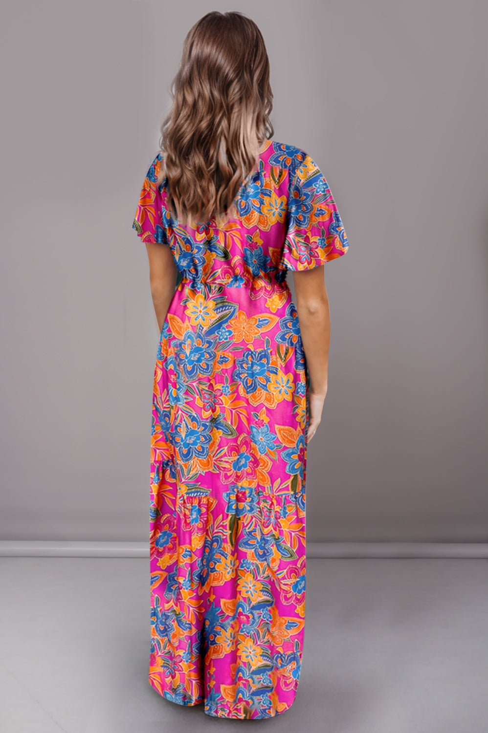 Printed Surplice Short Sleeve Maxi Dress Trendsi