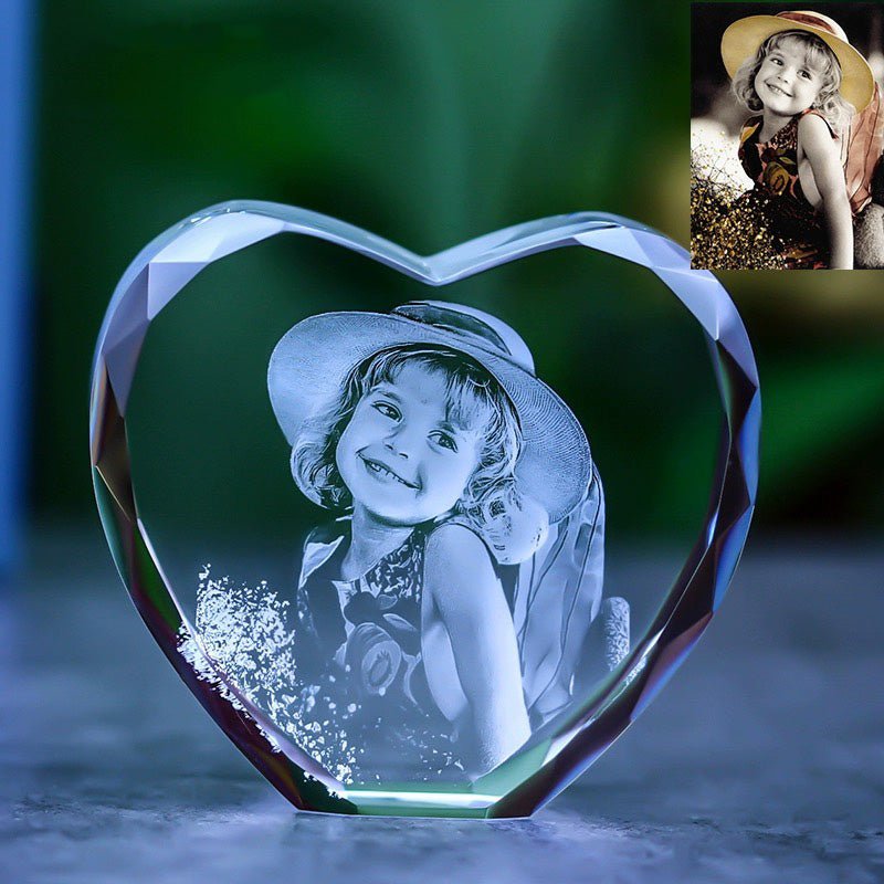 3D Photo Engrave Customized Crystal Heart Edges Cut Desktop Ornament Prismuse