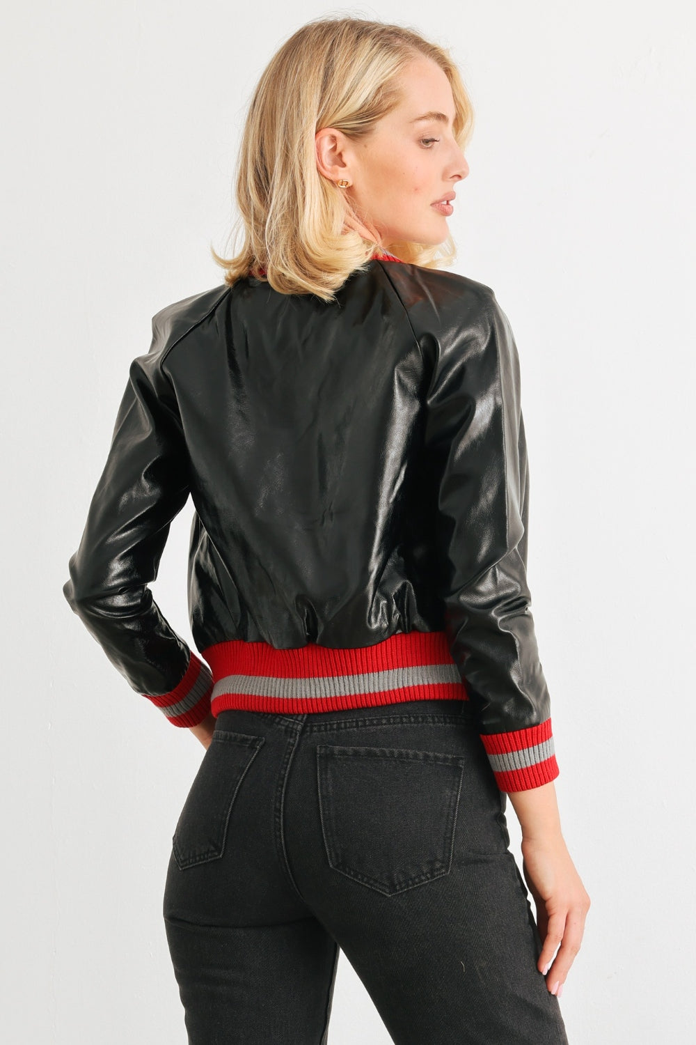 Comme PU Leather Baseball Collar Long Sleeve Jacket Casual Chic Boutique
