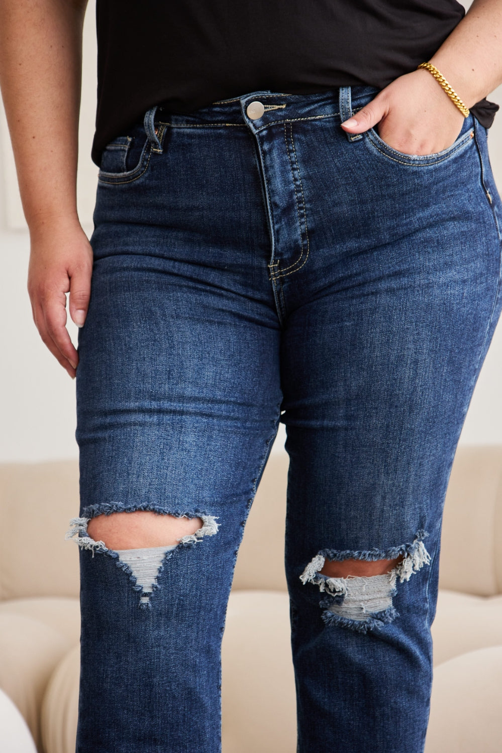 RFM Full Size Tummy Control Distressed High Waist Raw Hem Jeans Trendsi