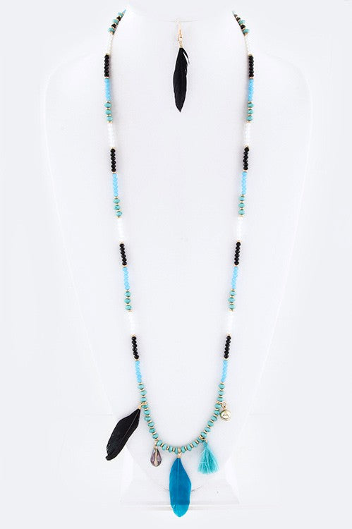 Feather Mix Beads Long Necklace Set LA Jewelry Plaza