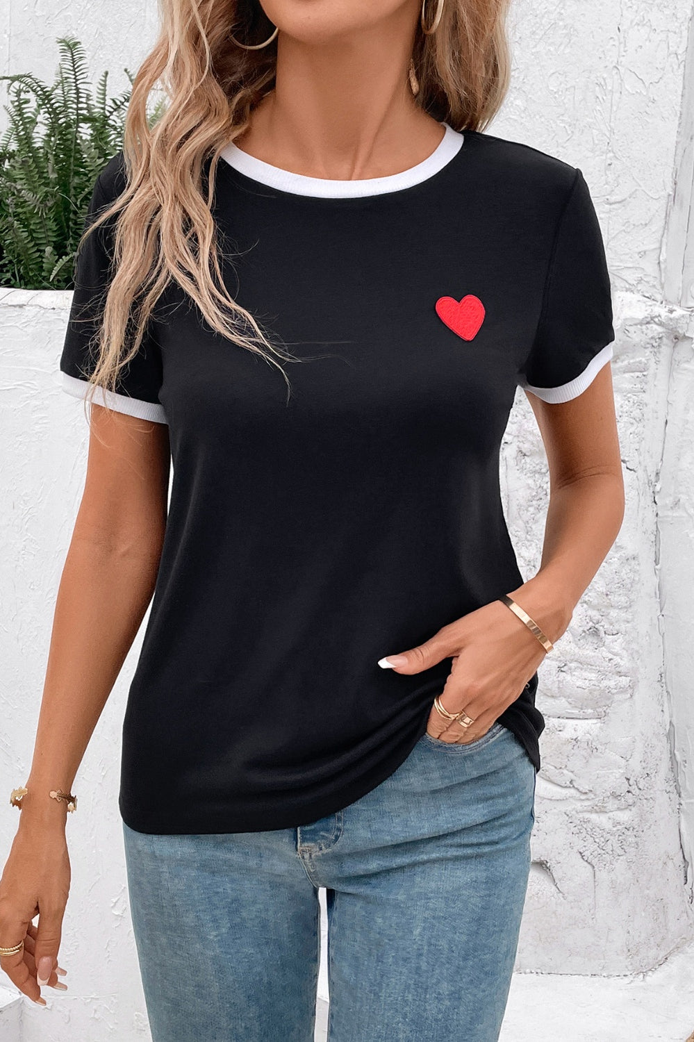 Heart Round Neck Short Sleeve T-Shirt Casual Chic Boutique