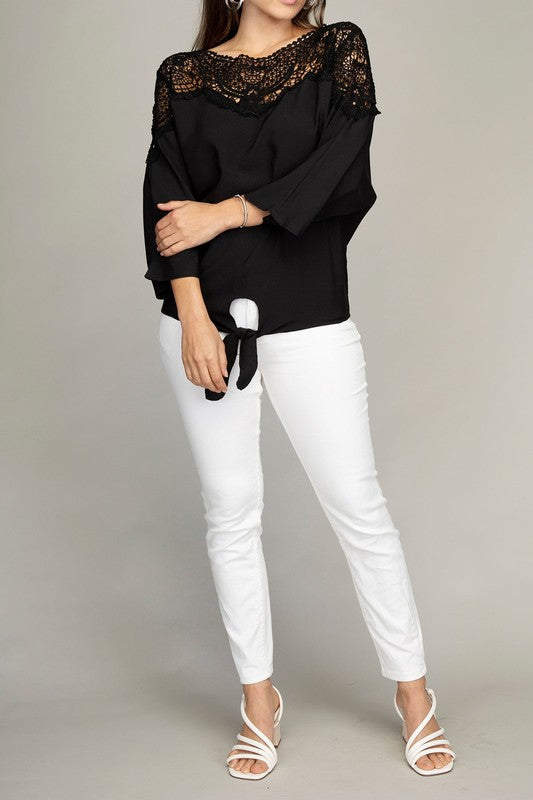 Lace trim blouse with tie Nuvi Apparel
