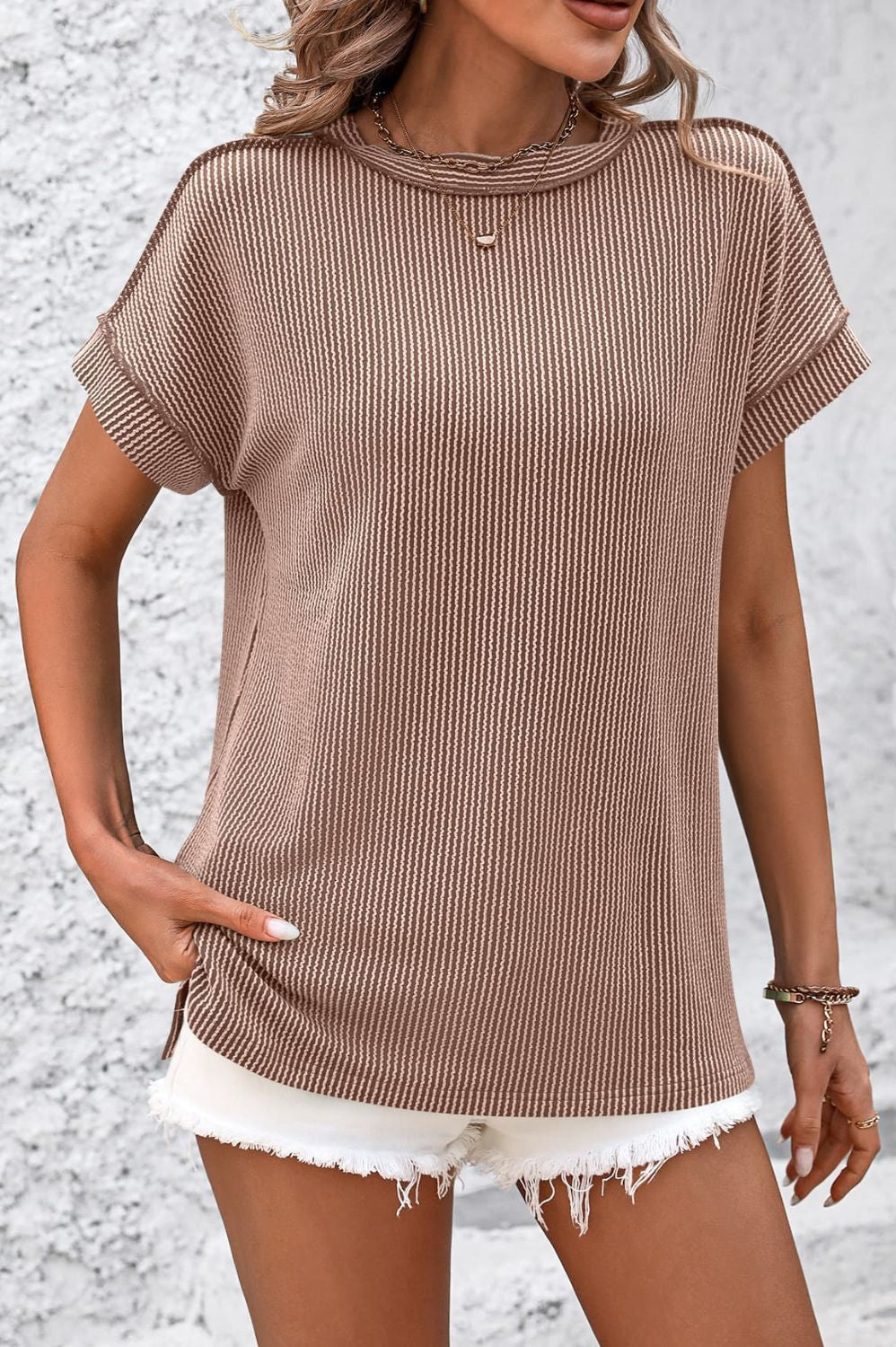 Striped Round Neck Short Sleeve T-Shirt Trendsi