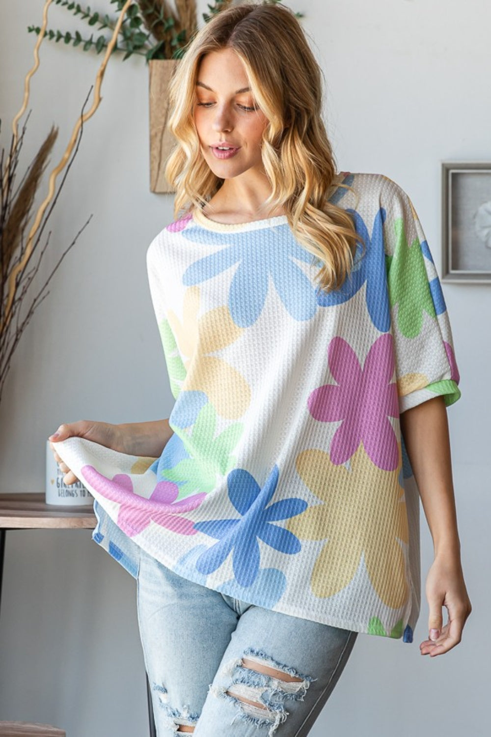 HOPELY Floral Round Neck Waffle T-Shirt Trendsi