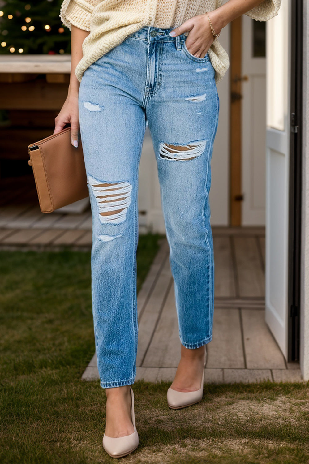 Distressed Buttoned Jeans with Pockets Trendsi