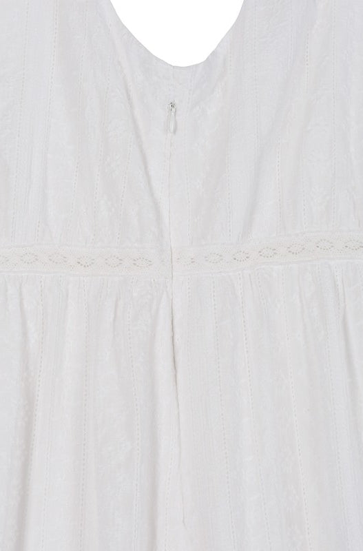 Embroidered white V neckline tiered dress Lilou