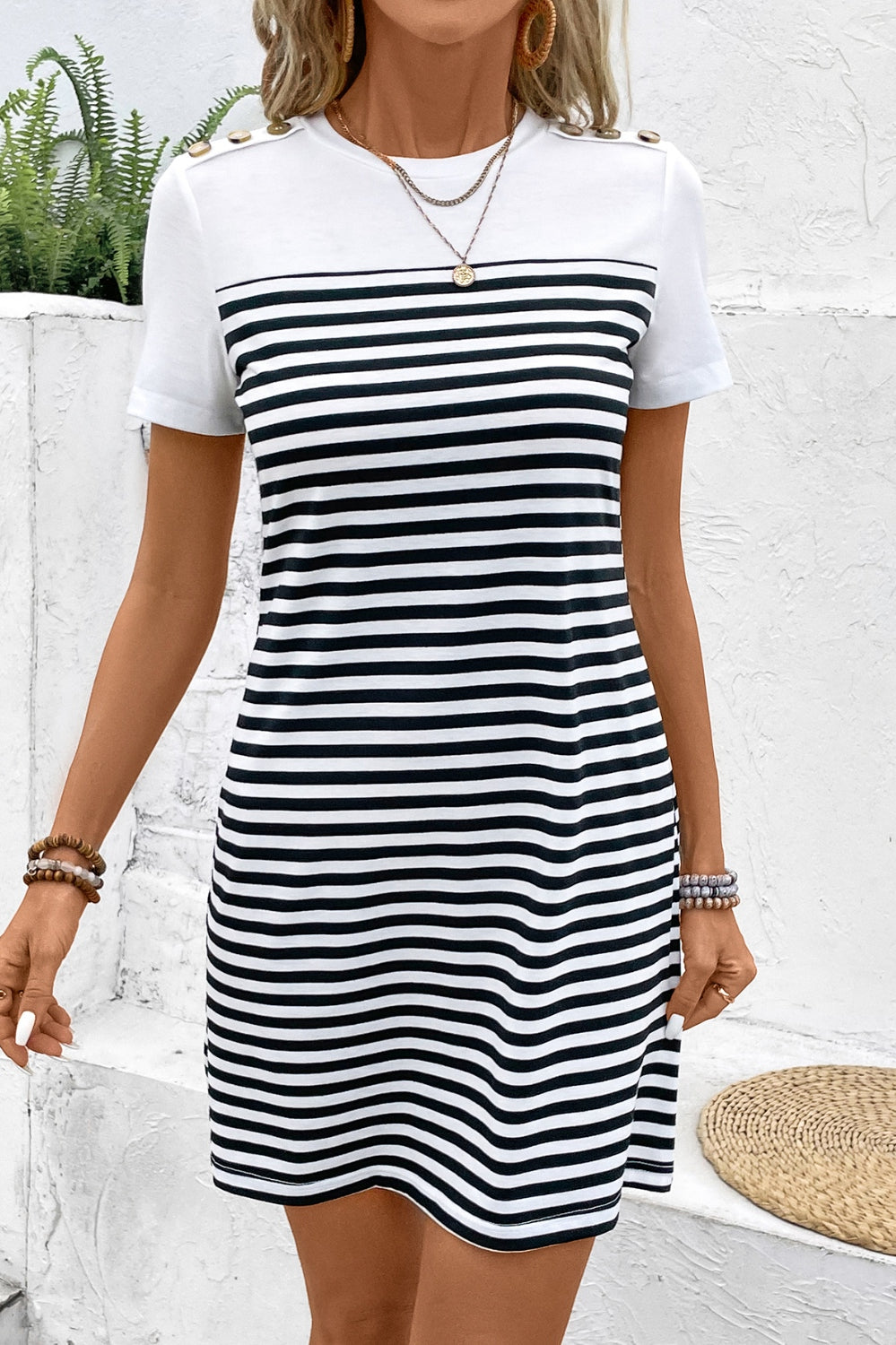 Striped Round Neck Short Sleeve Mini Tee Dress Trendsi