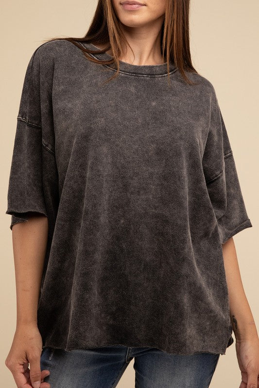 French Terry Washed Drop Shoulder Short Sleeve Top ZENANA