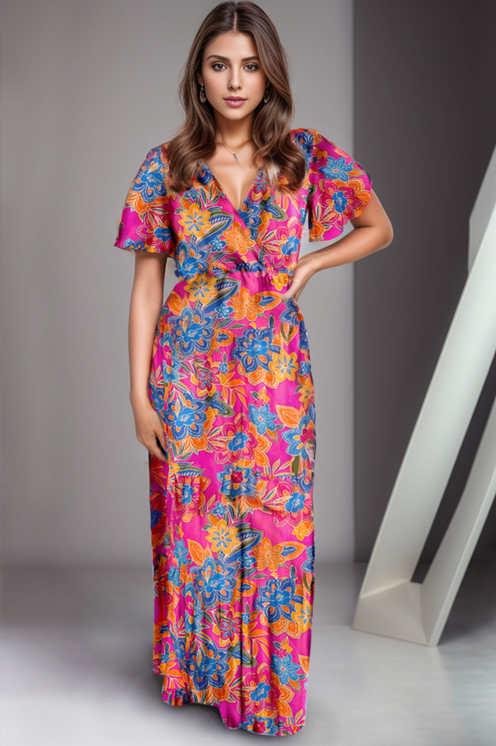 Printed Surplice Short Sleeve Maxi Dress Trendsi