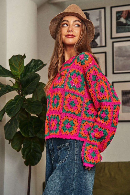 Crochet Patchwork Round Neck Pullover Sweater Top Davi & Dani