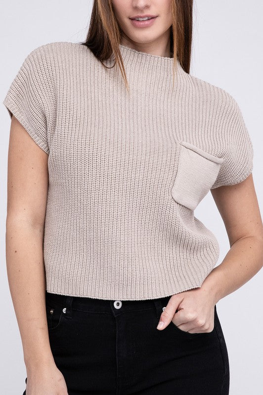 Mock Neck Short Sleeve Cropped Sweater ZENANA