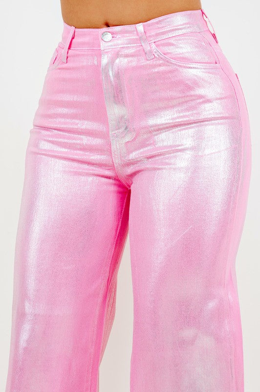 Metallic Wide Leg jean in Pink - Inseam 32 GJG Denim