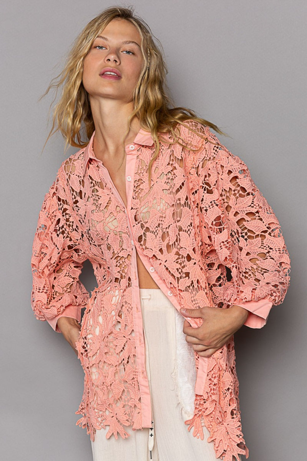 POL Collared Neck Button Up Lace Shirt Trendsi