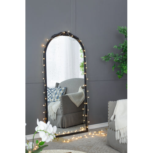 30" x 65" Hand Carved Rose Antique Mirror Frame, Large Arch Mirror Wall Decor for Living Room, Bathroom, Entryway(Black) Vtng Furniture