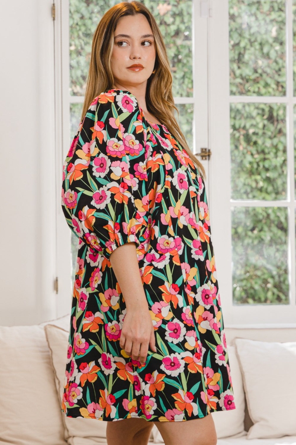 ODDI Full Size Floral Puff Sleeve Mini Dress Trendsi