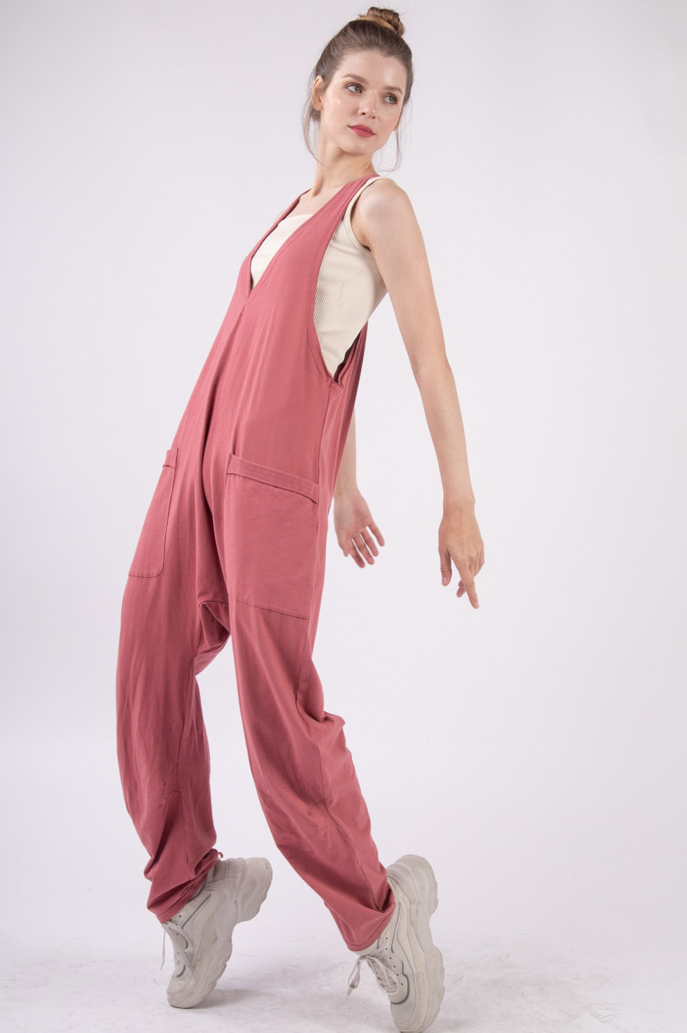 VERY J  Plunge Sleeveless Jumpsuit with Pockets Trendsi