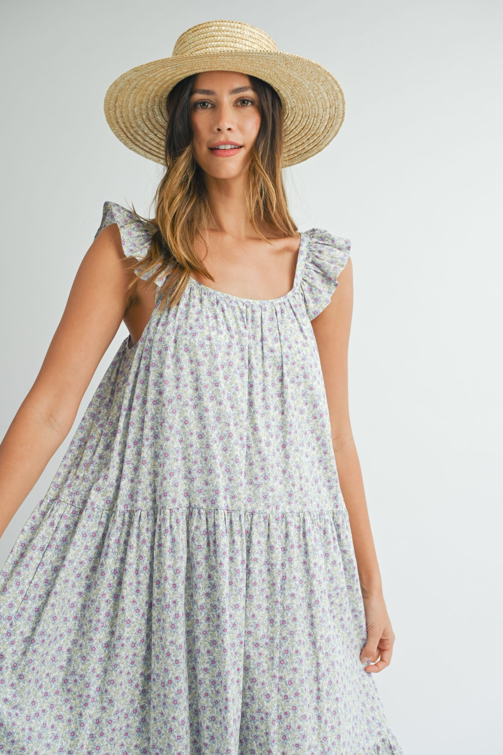 MABLE Floral Ruffle Shoulder Tiered Midi Dress Trendsi