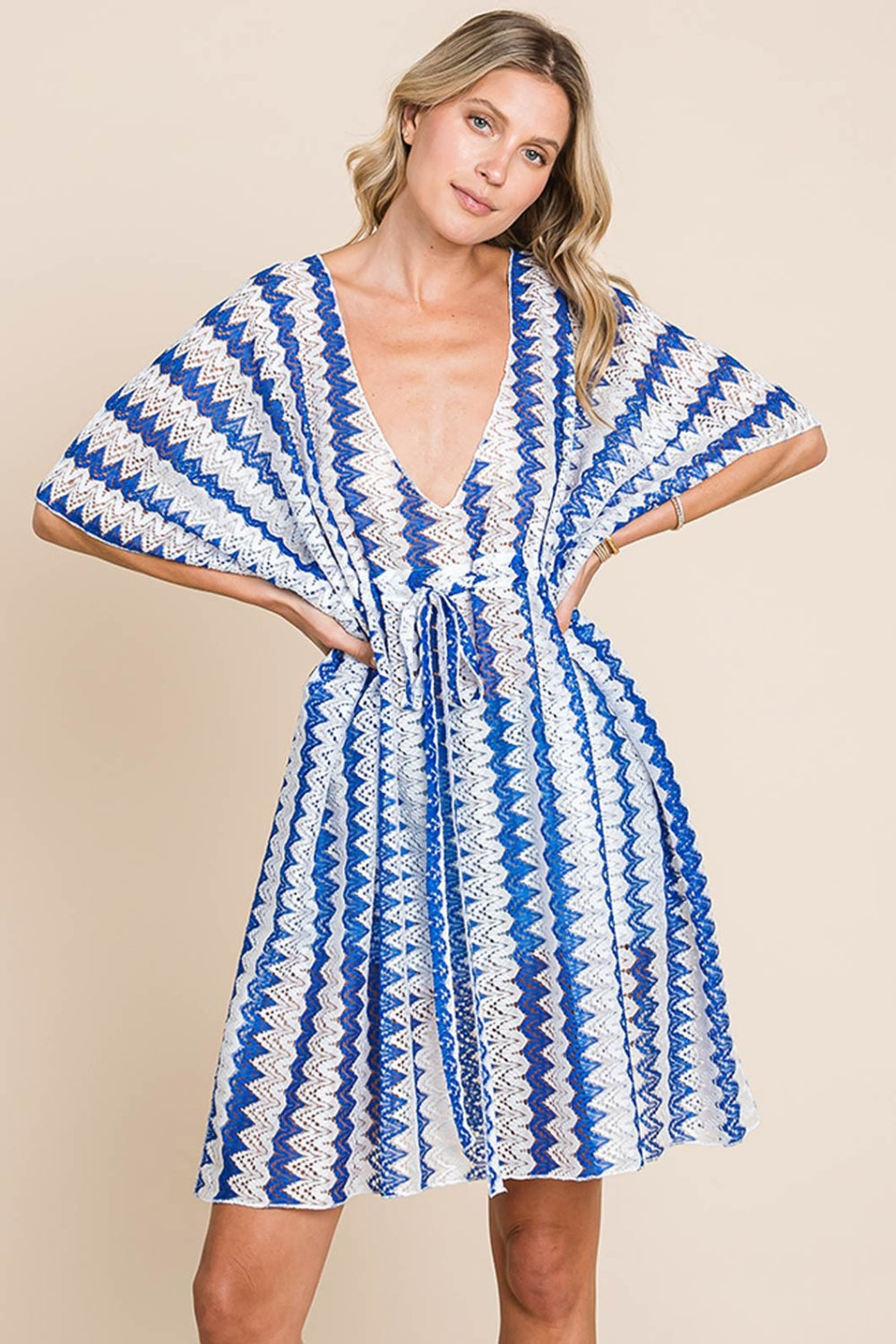 Cotton Bleu by Nu Lab Tied Striped Plunge Half Sleeve Cover-Up Trendsi