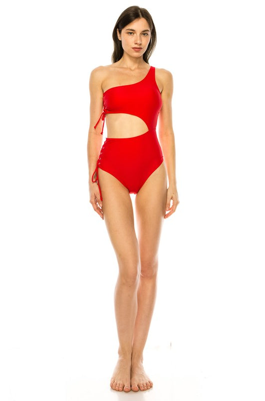 ONE PIECE SIDE LACE CUTOUT ONE SHOULDER SWIMSUIT Mermaid Swimwear