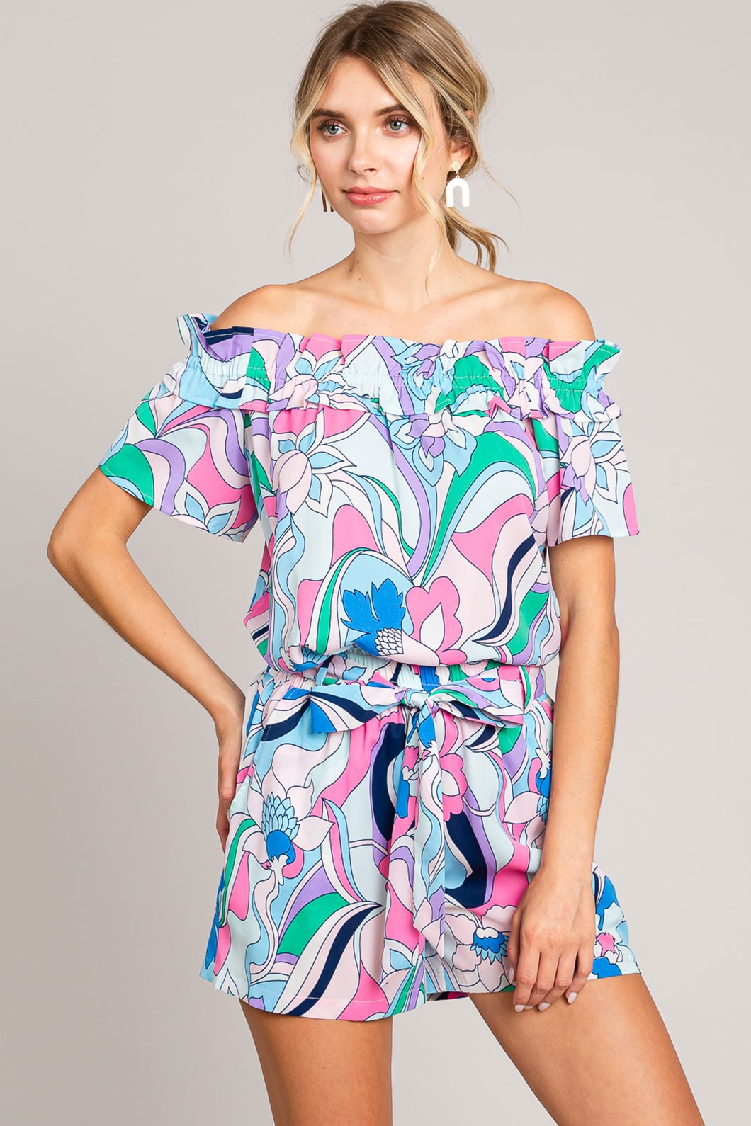 Cotton Bleu by Nu Label Abstracted Print Tie Front Shorts Trendsi