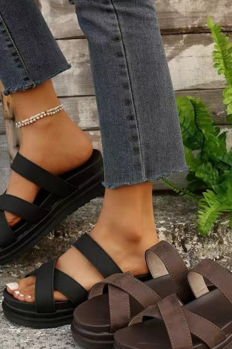 Crisscross PU Leather Flat Sandals Trendsi