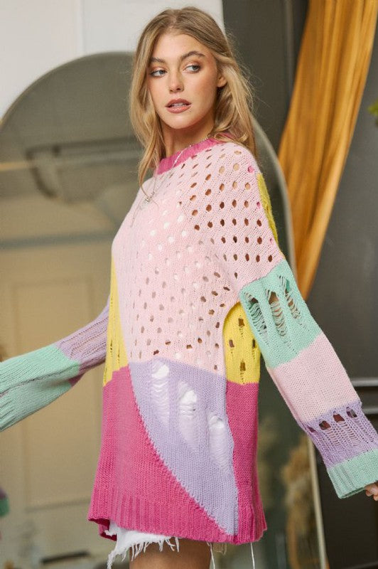 Color Block Distressed Detail Pullover Sweater Davi & Dani
