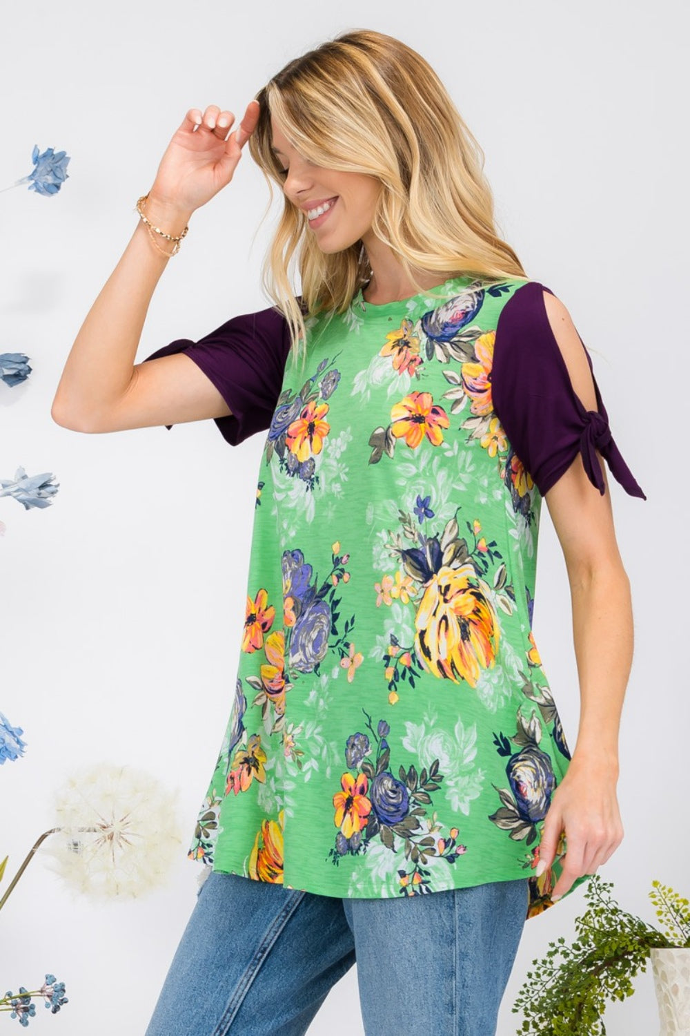 Celeste Full Size Open Tie Sleeve Round Neck Floral Blouse Trendsi