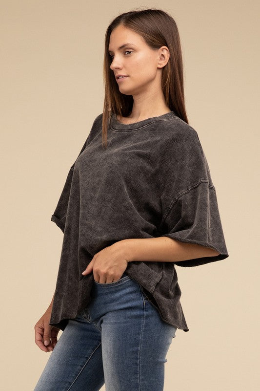 French Terry Washed Drop Shoulder Short Sleeve Top ZENANA