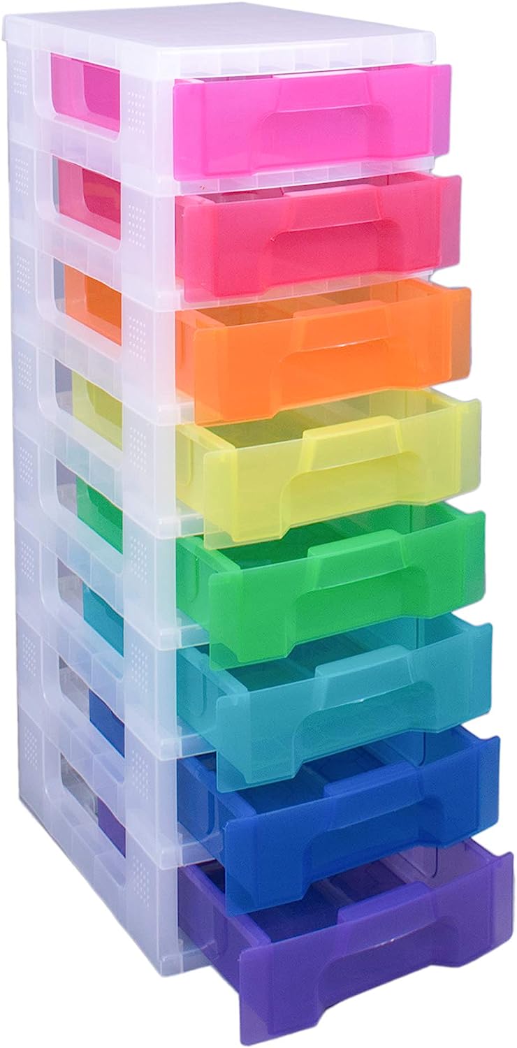 Really Useful Box Plastic Storage Tower 8x7 Liter Clear Frame with Rainbow Drawers Really Useful Products