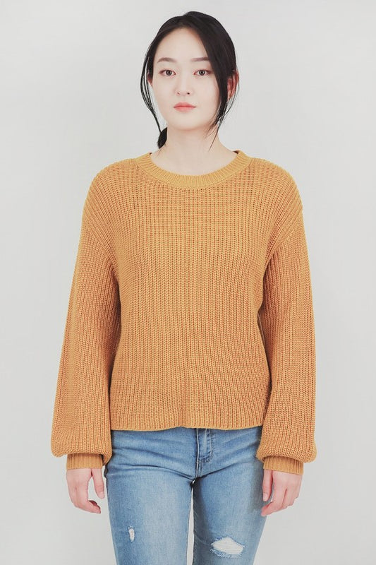 Puff Bell Sleeve Waffle Knit Pullover Sweater Top Mak