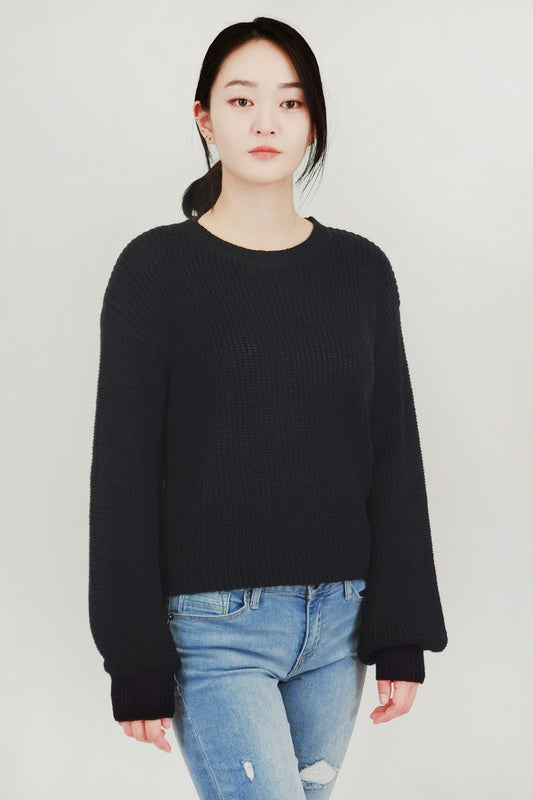 Puff Bell Sleeve Waffle Knit Pullover Sweater Top Mak