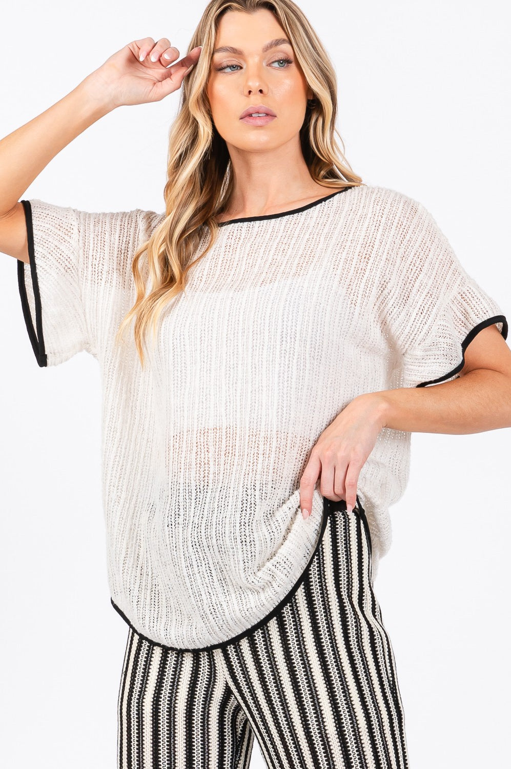 GeeGee Contrast Trim Short Sleeve Knit Cover Up Trendsi