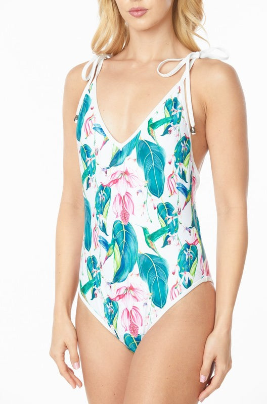ONE PIECE BATHING SUIT FLORAL PRINT SHOULER TOP TI Mermaid Swimwear