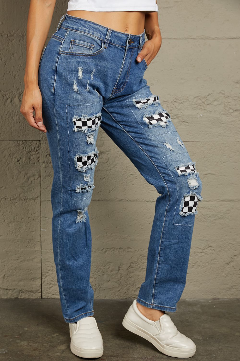 Baeful Checkered Patchwork Mid Waist Distressed Jeans Trendsi